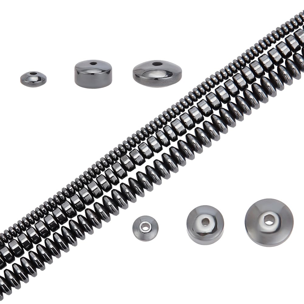 arricraft 394 Pcs Hematite Beads, 3 Sizes Black Flat Round Rondelle Disc Stone Beads for DIY Bracelet Jewelry Making