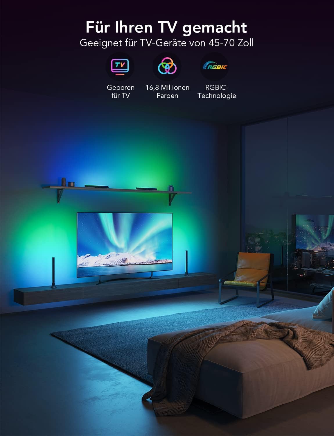 Govee RGBIC LED Lightbar, TV Hintergrundbeleuchtung für 45-70 Zoll, LED TV Backlights Funktioniert mit Alexa, Steuerbar über App für Gaming Deko, 3 Platzierungsoptionen, Schwarz, 38x3x4cm (LxWxH) 4