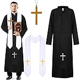 Clovilet Halloween Priest Costume Include Priest Robe,Priest Stole and Cross Necklace for Men Exorcist Party Dress Up