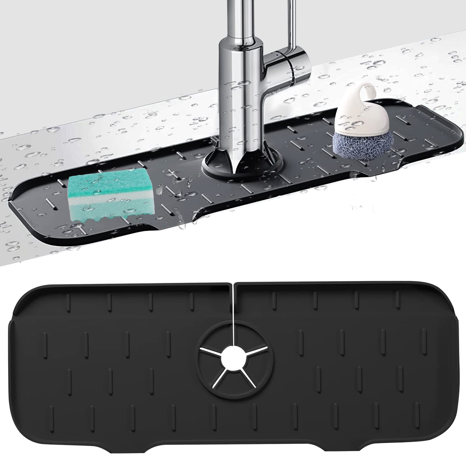 Kitchen Faucet Sink Splash Guard, Silicone Faucet Handle Drip Catcher Tray, Faucet Water Catcher Drying Mat Silicone Protector Pad for Kitchen Bathroom Cabinet Countertop Protect, 14.6" Long (Black)