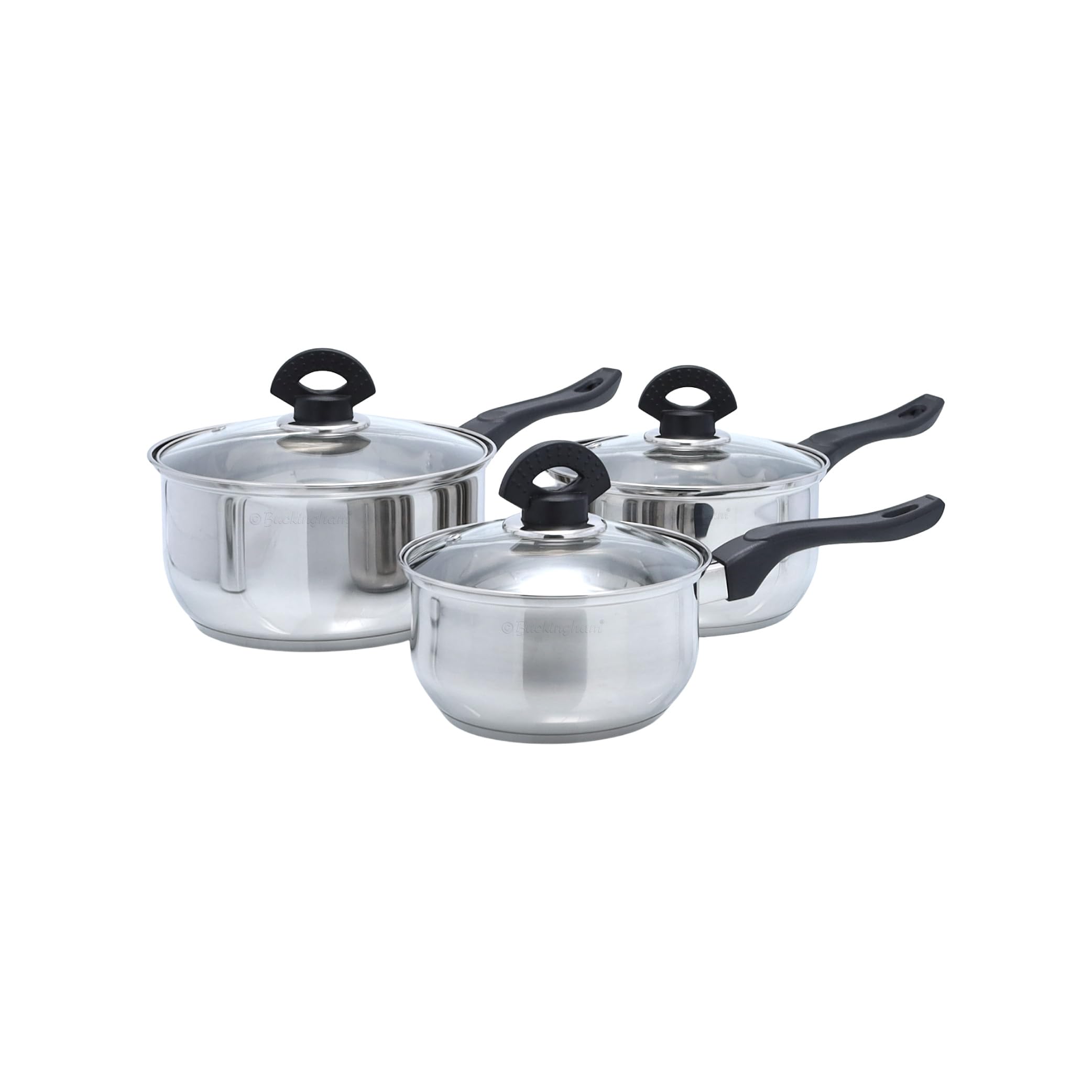 Buckingham Premium 3 Pieces Saucepans Set with Glass Lid Stainless Steel Bakelite Handles and Even Heat Distribution