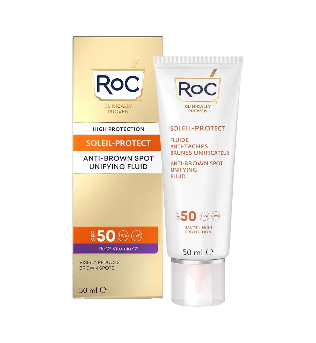 RoC Soleil Protect Sun Cream Anti Brown Spot Unifying Fluid SPF50 | Daily Sun Cream with Vitamin C, Moisturiser for Face | 50 ml