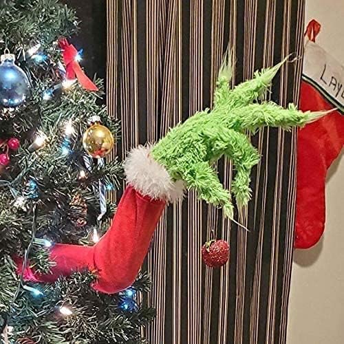 Tree Toppers - Christmas Elf Body Decorations Elf Arm for Christmas Tree Christmas Thief Stole Furry Green Arm Burlap Pose-able Plush Arm for Tree Tree Topper (Elf Arm)