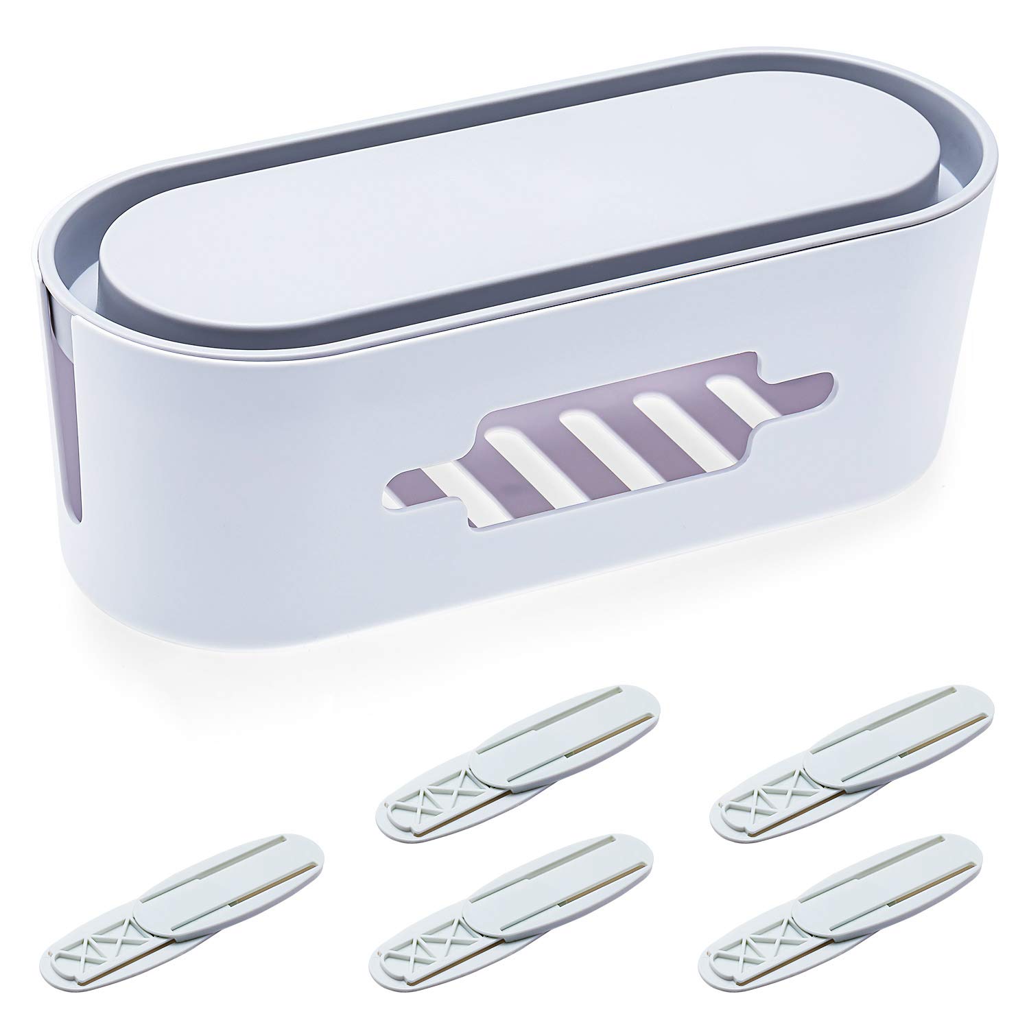 Cable Organizer Box Set - Cable Box and 5 Self Adhesive Power Strips, Cord Management Box, Cord Hider Box for Desk, TV, Computer, USB Hub, System to Cover and Hide & Power Strips & Cords