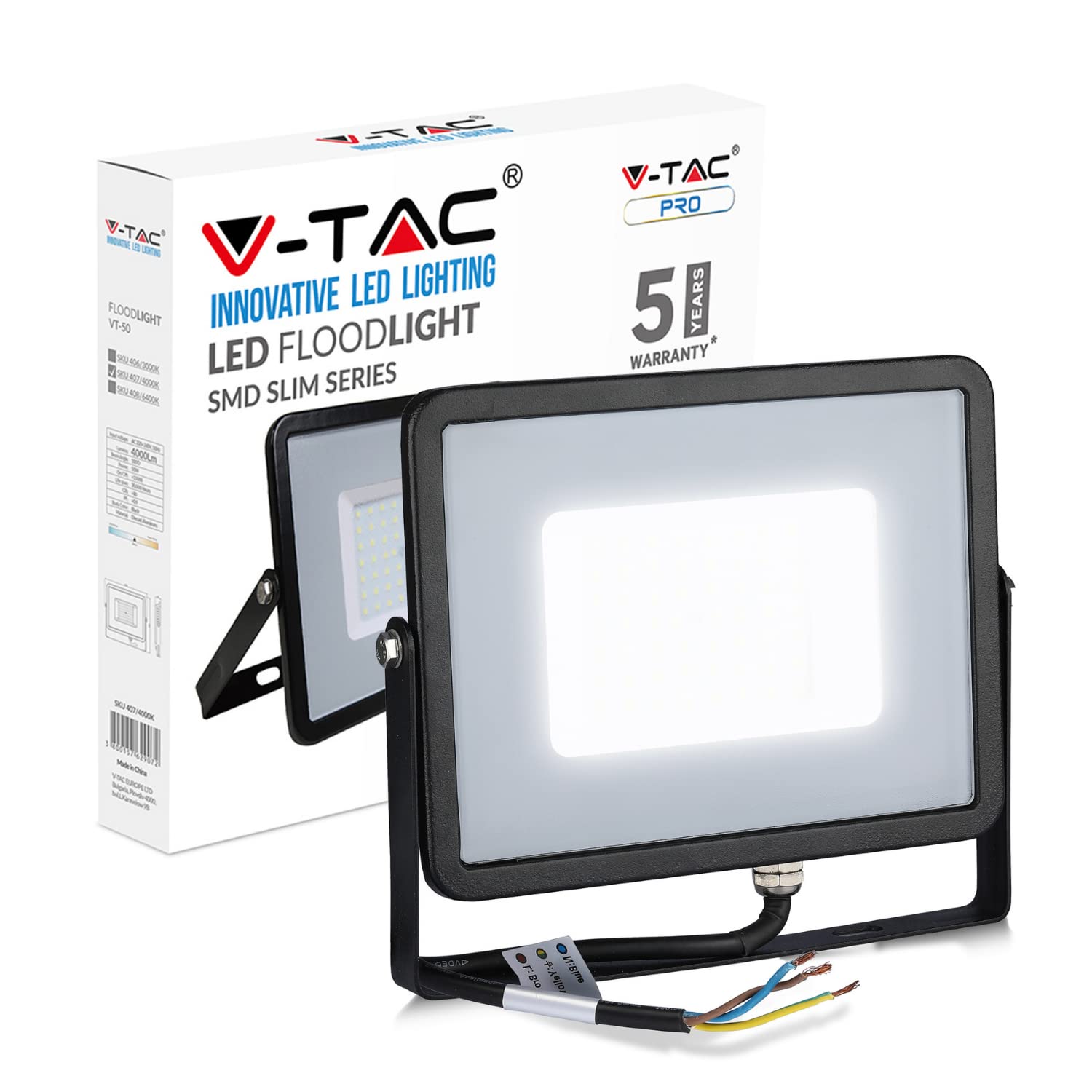 V-TAC 50W Waterproof Outdoor Security Floodlight with Samsung LED Black Body Grey Glass IP65 4000K Day White 4000 lumens, Die Cast Aluminium, 50 W