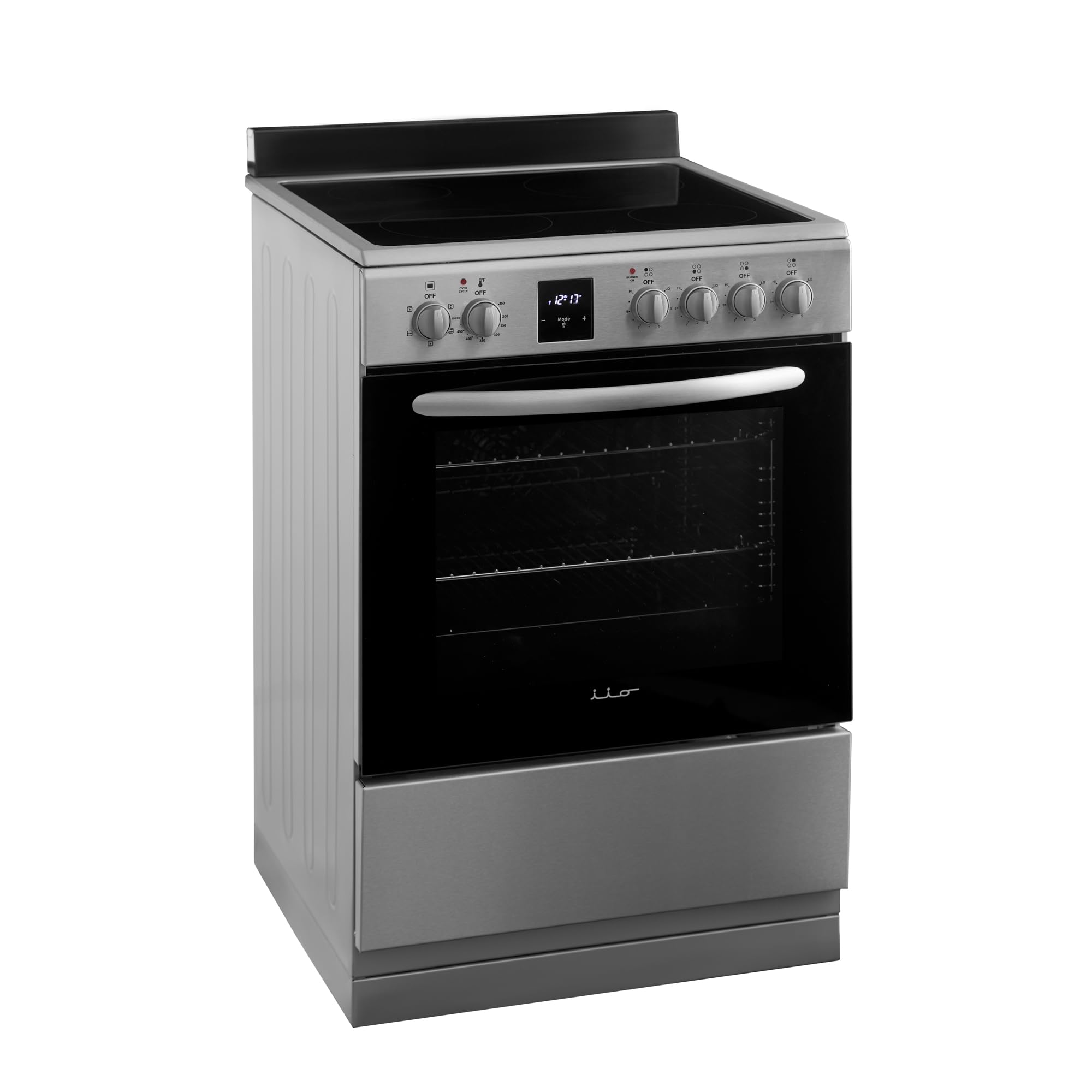 iio 24 inch Electric Stove iER-244SS, Oven Range with Triple Lined Door Glass, 4 Top Burners, Convection Fan, Deep Broiler, Digital Timer Clock, 5 Cook Functions (Stainless Steel)