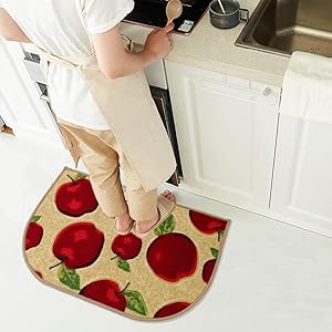 Half Round Skid Resistant Kitchen Mat Latex Backing Red Apple Area Rugs Machine Washable Half Cricle Doormat Bathroom Foot Pads Slice (1'6x2'6)