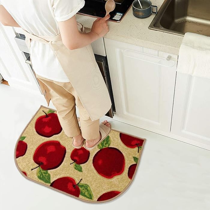 Half Round Skid Resistant Kitchen Mat Latex Backing Red Apple Area Rugs Machine Washable Half Cricle Doormat Bathroom Foot Pads Slice (1'6x2'6)