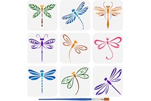 FINGERINSPIRE 9 PCS Dragonfly Stencils for Painting with Brush 5.9x5.9inch Reusable Flying Dragonfly Template Hollowed Flower Leaves Stencil Animal Theme Template for Wall Floor Furniture Decoration