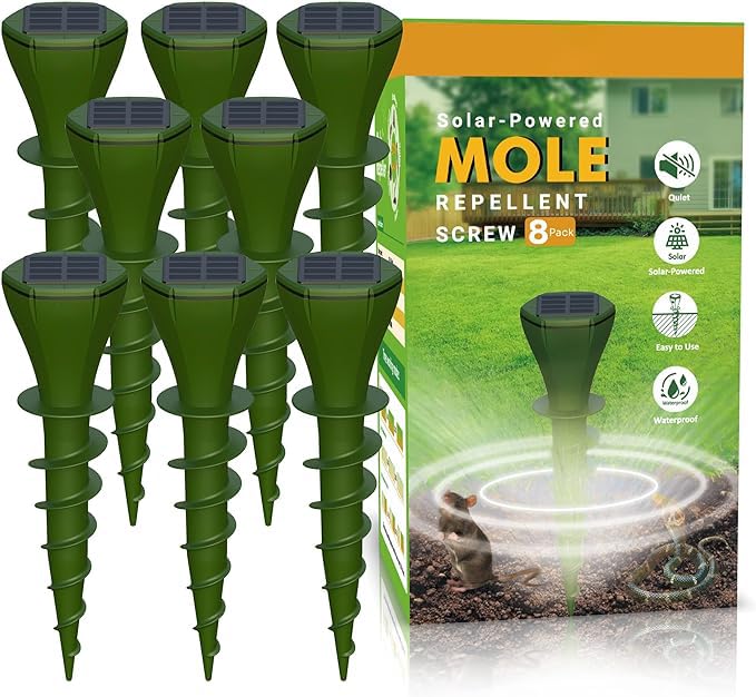 Photo 1 of Mole Repellent for Lawns Gopher Screw Repeller Solar Powered Outdoor Groundhog Deterrent Vibration Stakes - Quiet Get Rid of Snake Vole Armadillo - No Poison Kill Traps (Green 8pack)