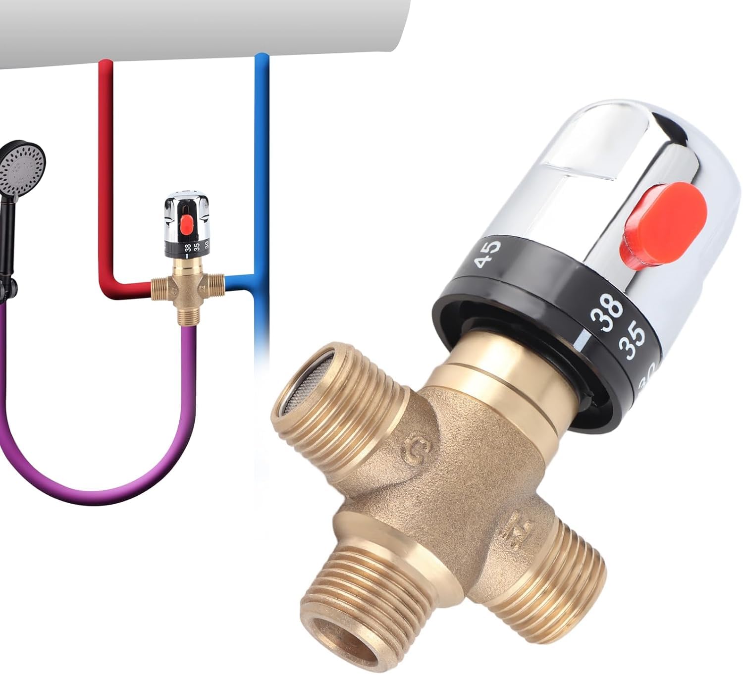 Uadme Brass Thermostatic Mixing Valve, 15mm, Sensitive Temperature Control, 1/2" G Connector, 38C Safety Switch