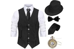 Gionforsy 1920s Mens Vest Accessories Gatsby Costume Set 20s Hat Suspenders Bow Tie Vintage(Large, Stripe Black2)