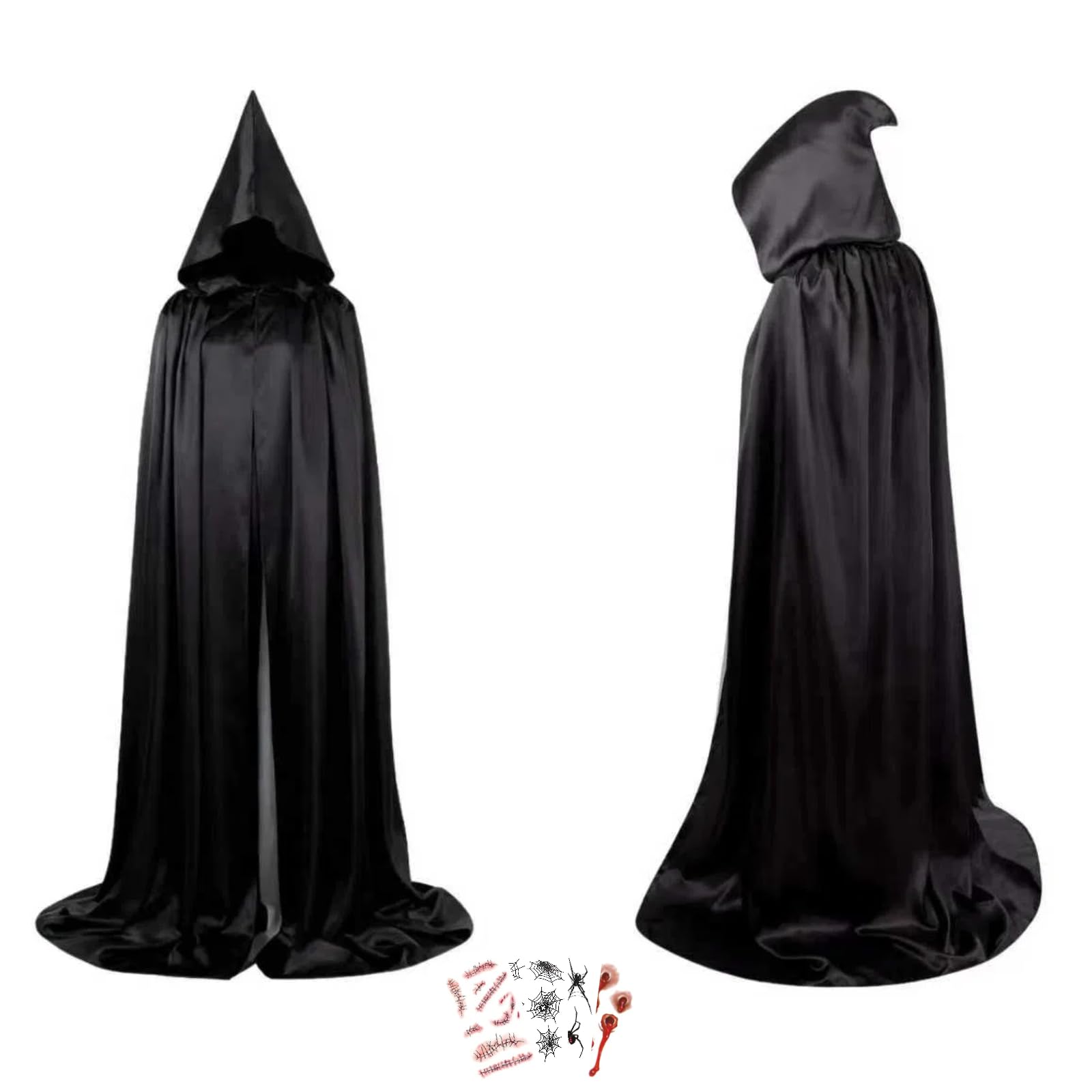 Black Cape, Black Cloak with Hood,Velvet Hooded for Halloween Costume Adults & Kids,with Bonus Scary Tattoo Stickers (XS)