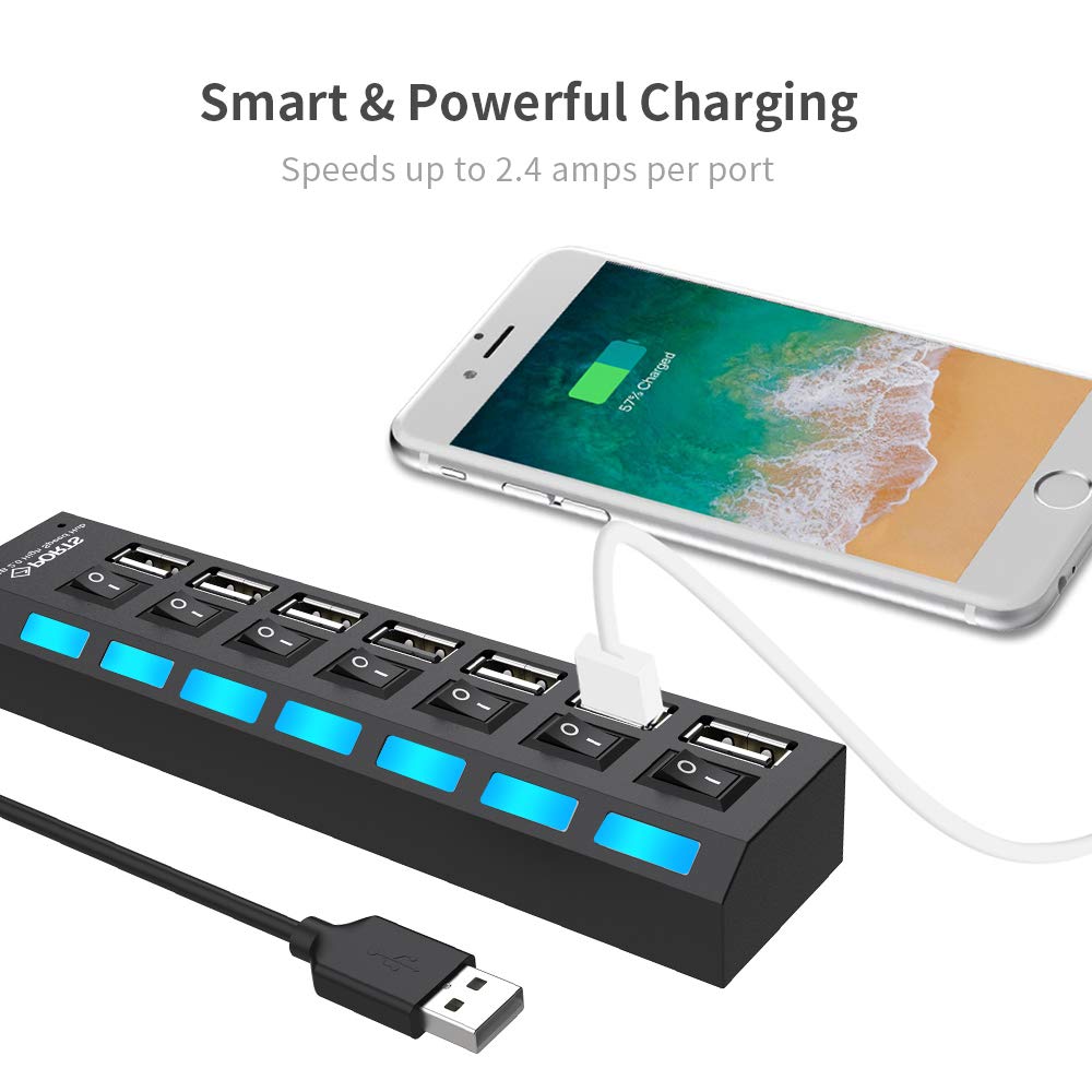 7-in-1 Powered USB Hub Splitter USB 2.0 Hub Data Transfer with Individual Switches Indicator Lights for Laptop, PC, Computer, Mobile HDD, Flash Drive and More