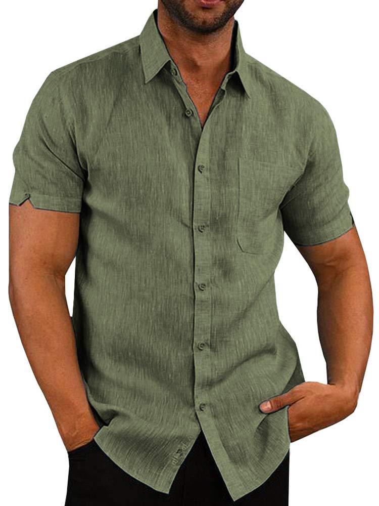 Photo 1 of M/L Mens Short Sleeve Shirts Linen Cotton Button Down Tees Spread Collar Plain Shirts Mint