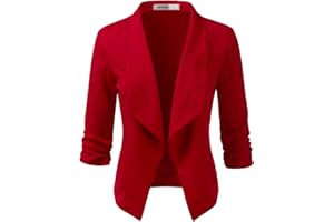 DOUBLJU Ruched 3/4 Sleeve Open Front Draped Blazers Business Casual Basic Work Jackets for Womens Clothes with Plus Size