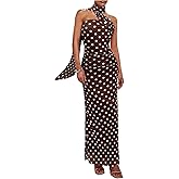 Milumia Women's Polka Dots Mesh Halter Dress Elegant Ruched Bodycon Maxi Dresses with Scarf