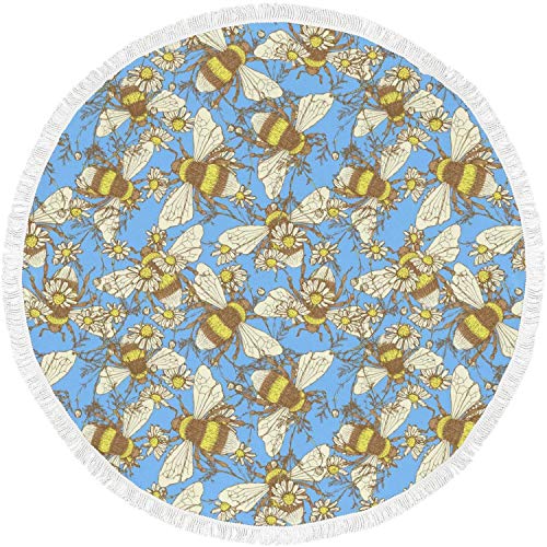 PHGLSUSR Bath Towel Daisy Flowerand Bees Tapestry Hippie Round Bath Beach Blanket Soft Absorbent Round Bath Beach Towel Blanket for Womens 60 Inch Across