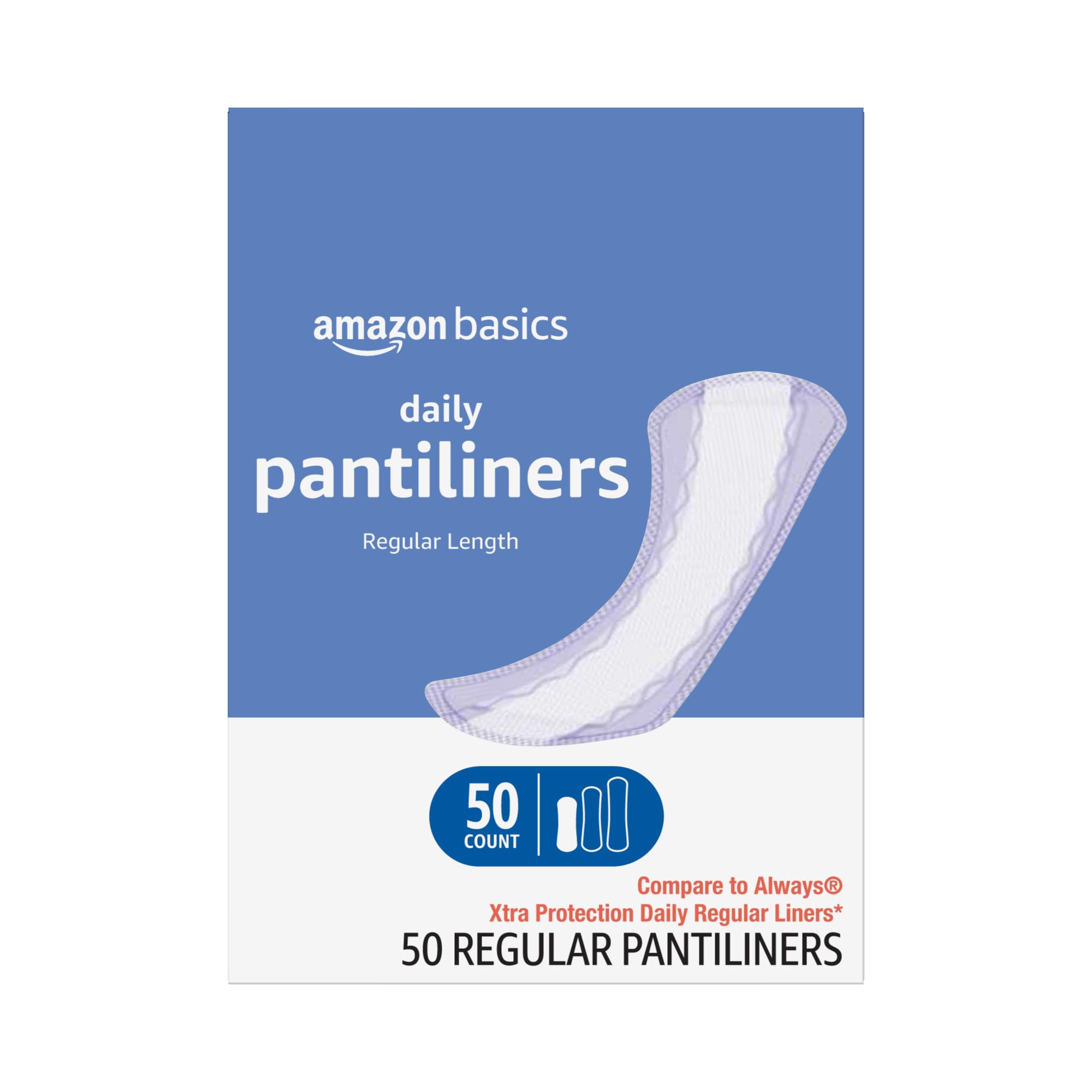 Photo 1 of Amazon Basics Daily Pantiliner, Regular Length, Pads for Women, Unscented, 50 Count (Previously Solimo)