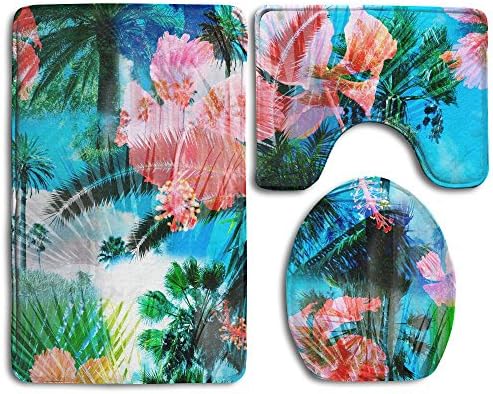 Hexuカラフルpalm Treesシームレスなパターンカラフルな背景トロピカル花ハイビスカス柄クリップアートbathroom Rug 3 Pieceバスマットセットcontourラグと蓋カバー 賜物