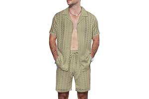 SPKPKEY 2026 New Men's 2 Piece Outfits Summer Beach Sets See Through Short Sleeve Lace Shirt and Shorts Set S-3XL