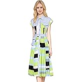 LAI MENG FIVE CATS Women's Short Sleeves Collar Shirt Printed Buttons Casual Midi Dress with Belt