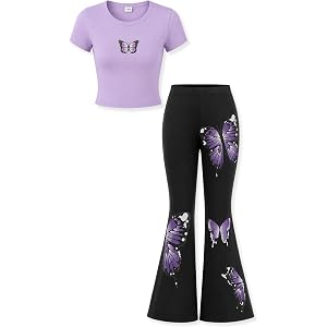 LKALPSQ Girls 2 Piece Outfit Tween Girls Fall Clothes Set Short Sleeve + Butterfly Print Flared Pants Outfits