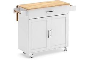 soges Rolling Kitchen Island on Wheels with Drop Leaf, Kitchen Cart with A Drawer and Cabinet, Serving Cart with Spice Rack T