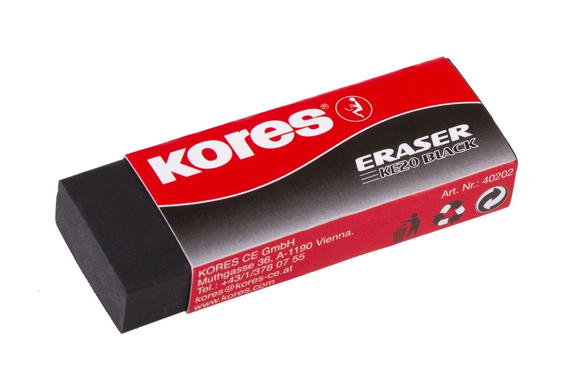 Kores - Black PVC Rubber Erasers - KE-20 Block Shape Erasers with Paper Sleeve - 60 x 21 x 10mm - School Supplies,Back to School, Cute Stationary, Office Supplies - Pack of 20