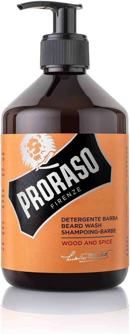 Proraso Beard Wash Wood & Spice, 500ml, Scented Beard Shampoo Softens, Conditions, and Gently Removes Impurities, Made in Italy