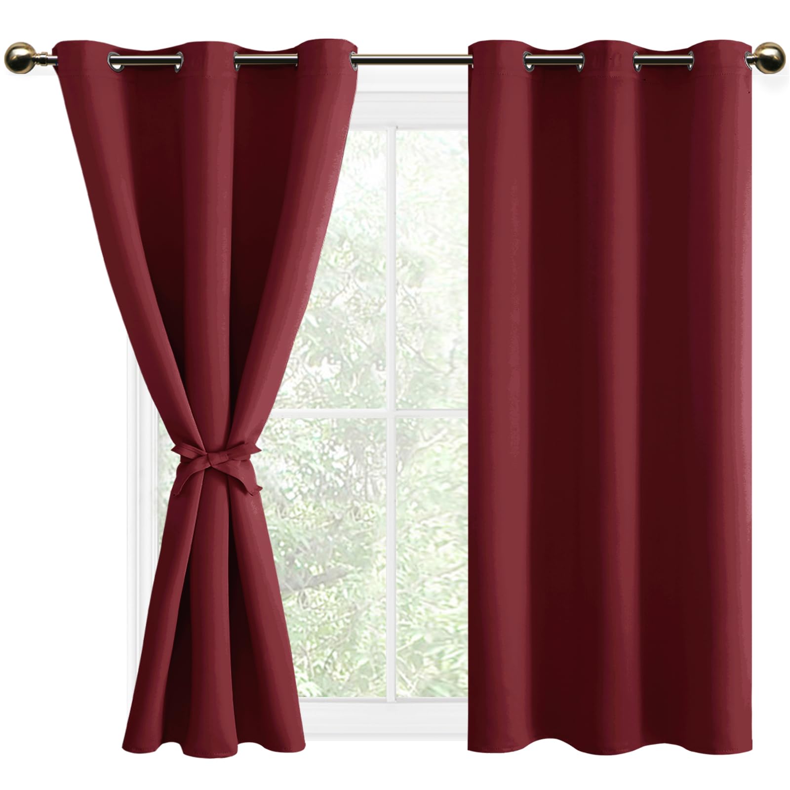 DWCN Blackout Curtains with Tiebacks for Bedroom Thermal Insulated Solid Eyelet Curtains for Living Room,2 Panels,46" Wide x 54" Drop Burgundy