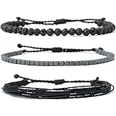 Handmade Natural Stone Beaded & Hematite Healing Bracelet Gift for Men-Set of 3 Stackable Adjustable Waterproof String Rope Bracelets