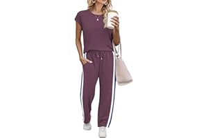 Casly Lamiit 2 Piece Lounge Set for Women 2026 Cap Sleeve Top Wide Leg Pants Sweatsuits Airport Travel Clothing Sets, Grape P
