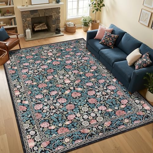 GarveeHome Blue Floral Washable Rug