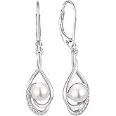 Aprila Women 925 Sterling Silver Freshwater Pearl Leverback Drop Dangle Earrings 5A Cubic Zirconia Jewelry for Her