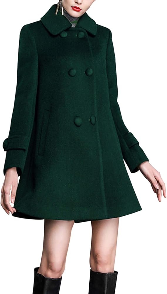 Women's Loose Wool Coat Double Breasted Swing Pea Coat (Green, XL