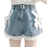 RILGOU Harajuku Y2K Style Pastel Kawaii Gothic High Waisted Straight Wide Leg Vintage Lace Bows Trim Denim Shorts