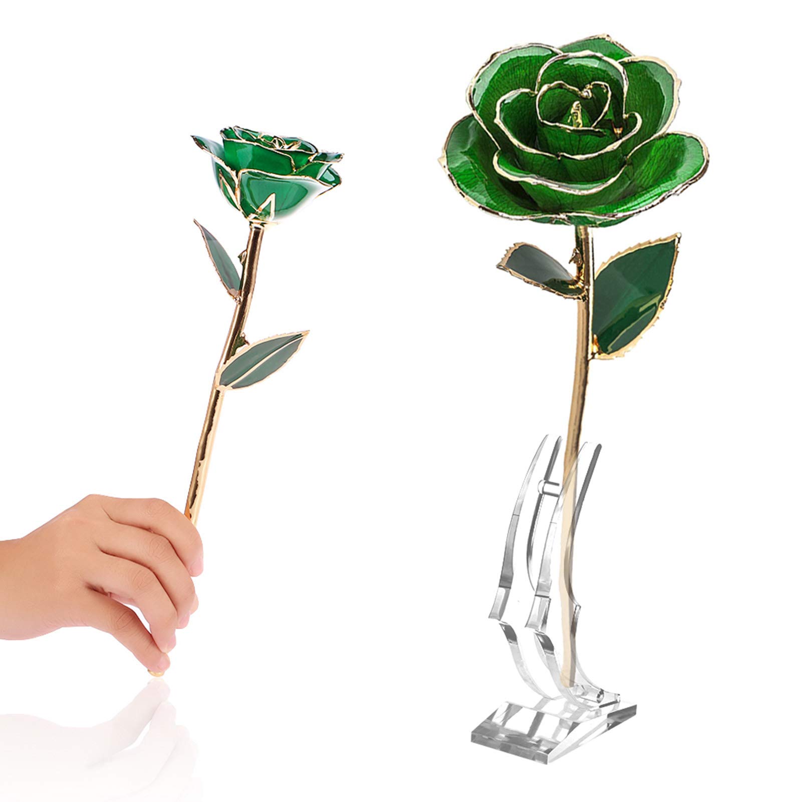 Artificial Flowers,Resin Preserved Rose with Leaf and Base,Gold Dipped Infinity Rose Last Forever Flower Decor,for Wedding Bouquets Anniversary Party Office,Green