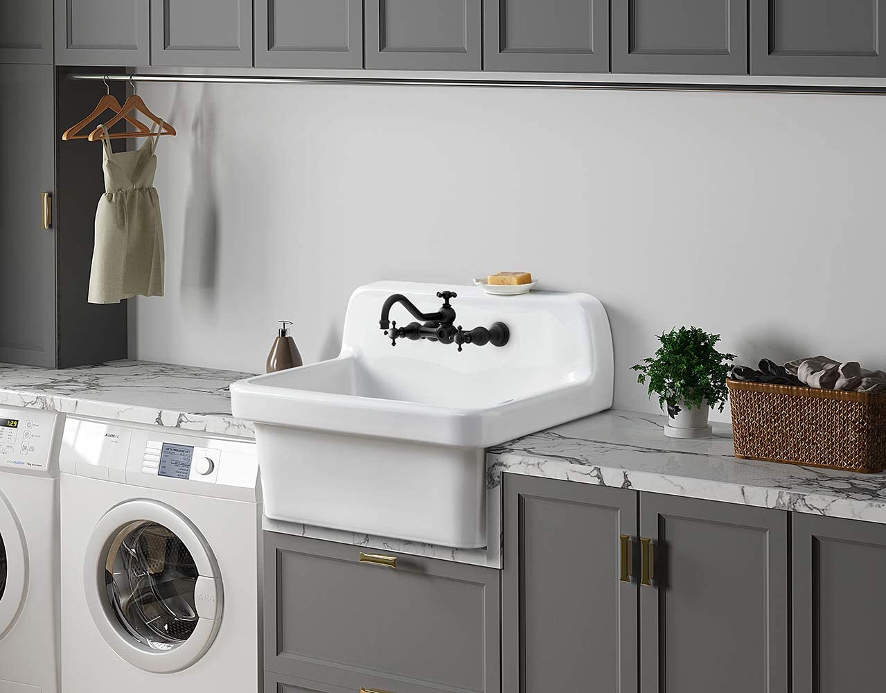 ELLAI 24 Inch White Ceramic Farm Style Wall Mount Utility Sink High