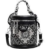 RTGGSEL Retro Canvas Bucket Bag Color Contrast Cylinder Purse for Women Shoulder Crossbody Handbag with Zipper