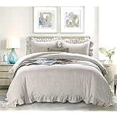MEADOW PARK 100% Stone Washed Linen Duvet Cover Set 3 Pieces, Queen Size 90 inches x 92 inches, Shams 20 inches x 26 inches, Ruffled Style, Button Closure, Corner Ties, Super Soft, Solid Natural color