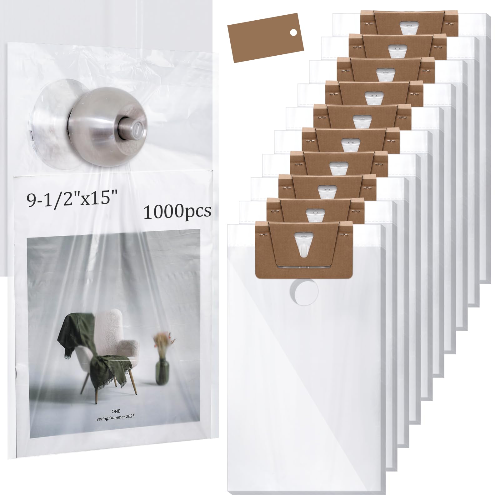 Photo 1 of Leinuosen 1000 Pack Plastic Door Knob Hanger Bags Transparent Weatherproof Door Hanging Bags with 1.5-1.75 Hole for Flyers Newspapers Mail Magazine Notices Outdoor Avoid Dirt Protect (9.5 X 15)