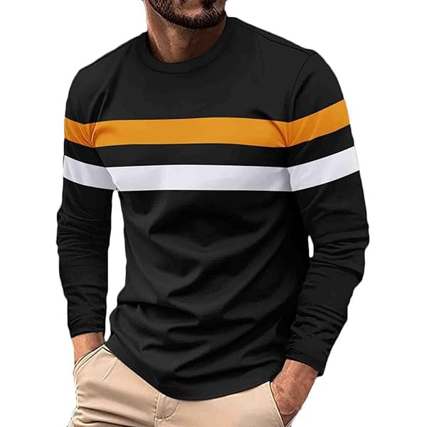 Color Block T Shirt for Men Long Sleeve Round Neck Casual
