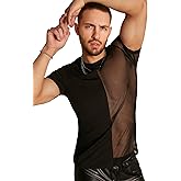 WDIRARA Men's Contrast Mesh T-Shirts Round Neck Short Sleeve Shirt See Through Party Outfits