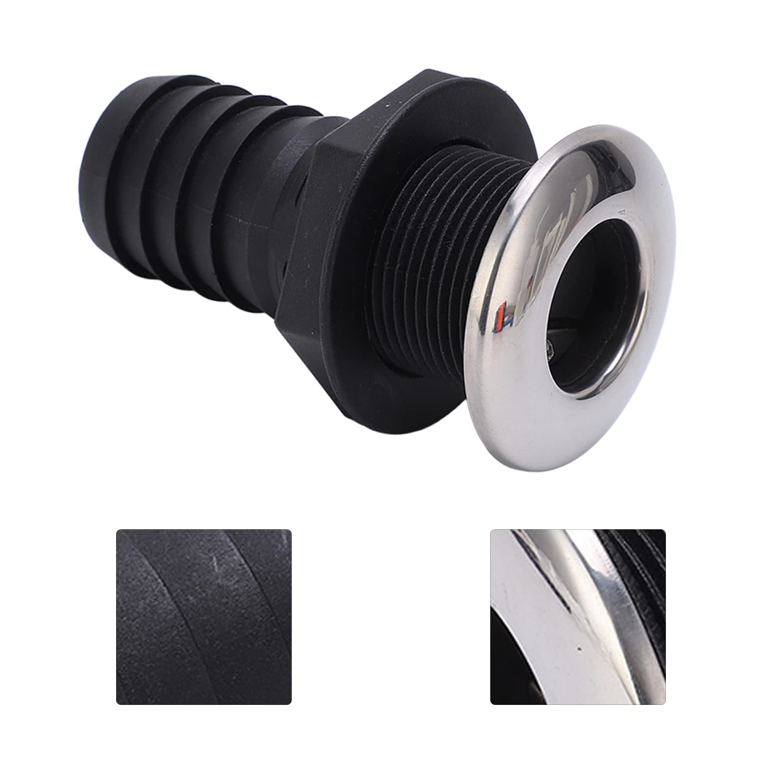 Thru Hull Fitting 1‑1/2in Boat Thru Hull Connection Through Hull Drain Straight Black with Stainless Steel Cover Flapper Boat Water Drain for Boats Yachts Ships