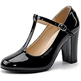 Women's T-Strap Mary Jane Pumps, Chunky Heel, Vintage Style, 3.54 Inch Round Toe Dress Shoes