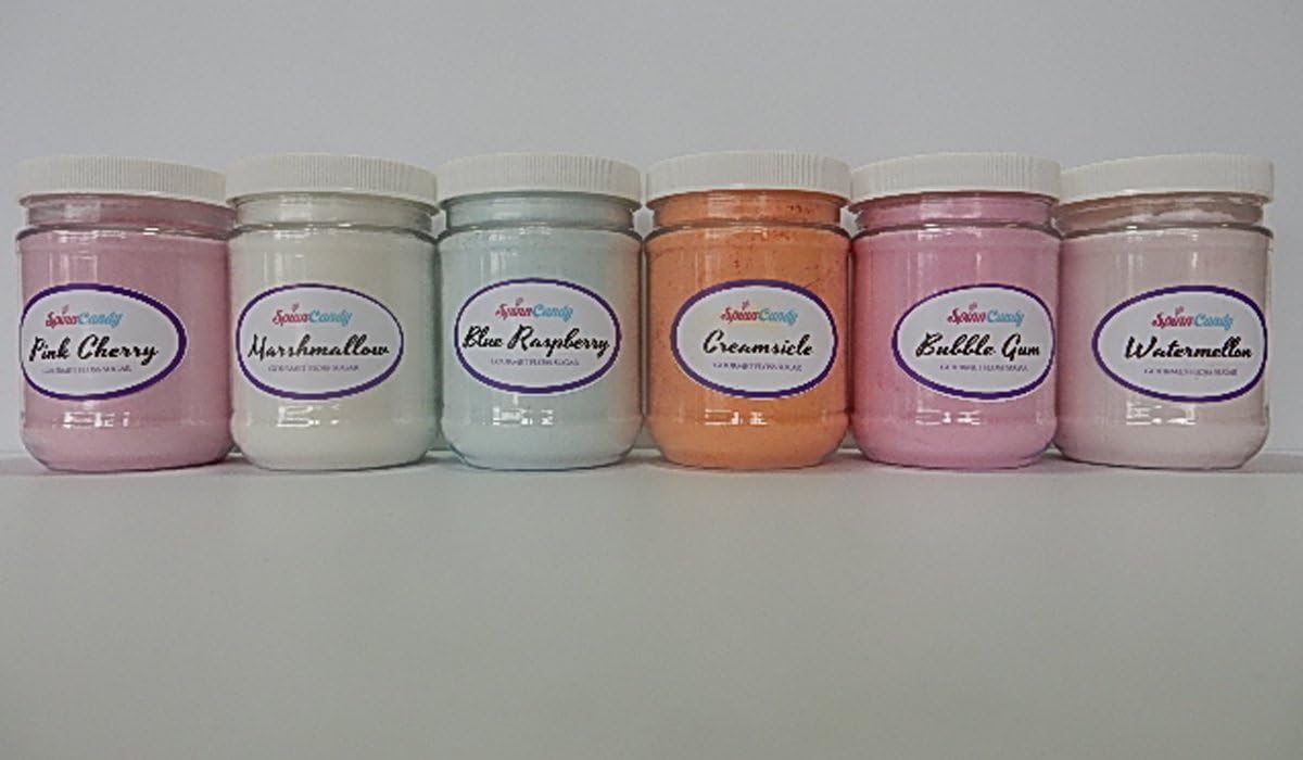 Gourmet Cotton Candy Sugar Floss, Family Pak, 6 unique premium flavored cotton candy sugars in 12 oz. clear plastic jars.