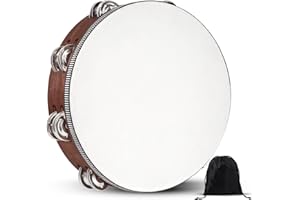 WIRMEVI Tambourine, Tambourines for Adults, 10 Inches Wooden Hand Held Percussion Tambourine with Storage Bag, Tambourines Musical Instrument for Church, Wedding, Party, Dance, Photo Shoot