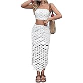 SHENHE Women's Summer Vacation Outfits 2 Piece Tie Back Crop Tube Top Hollow Out Maxi Skirt Set
