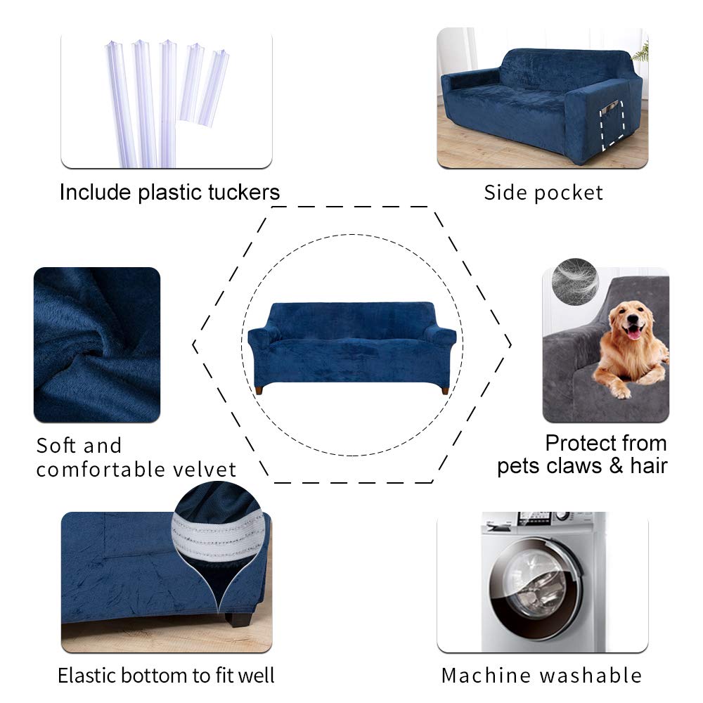 ACOMOPACK Velvet Sofa Cover Stretch Couch Cover for 3 Cushion Couch Cover Sofa Slipcover with Plastic Tuckers and Side Pocket for Living Room Furniture Protector for Dogs(Sofa, Navy Blue)